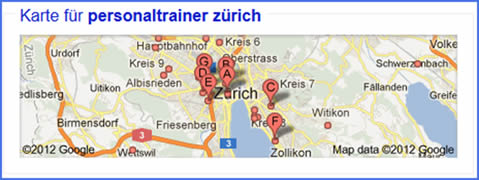 Anzeige Google Maps bei Suche zu Personaltrainer Zürich